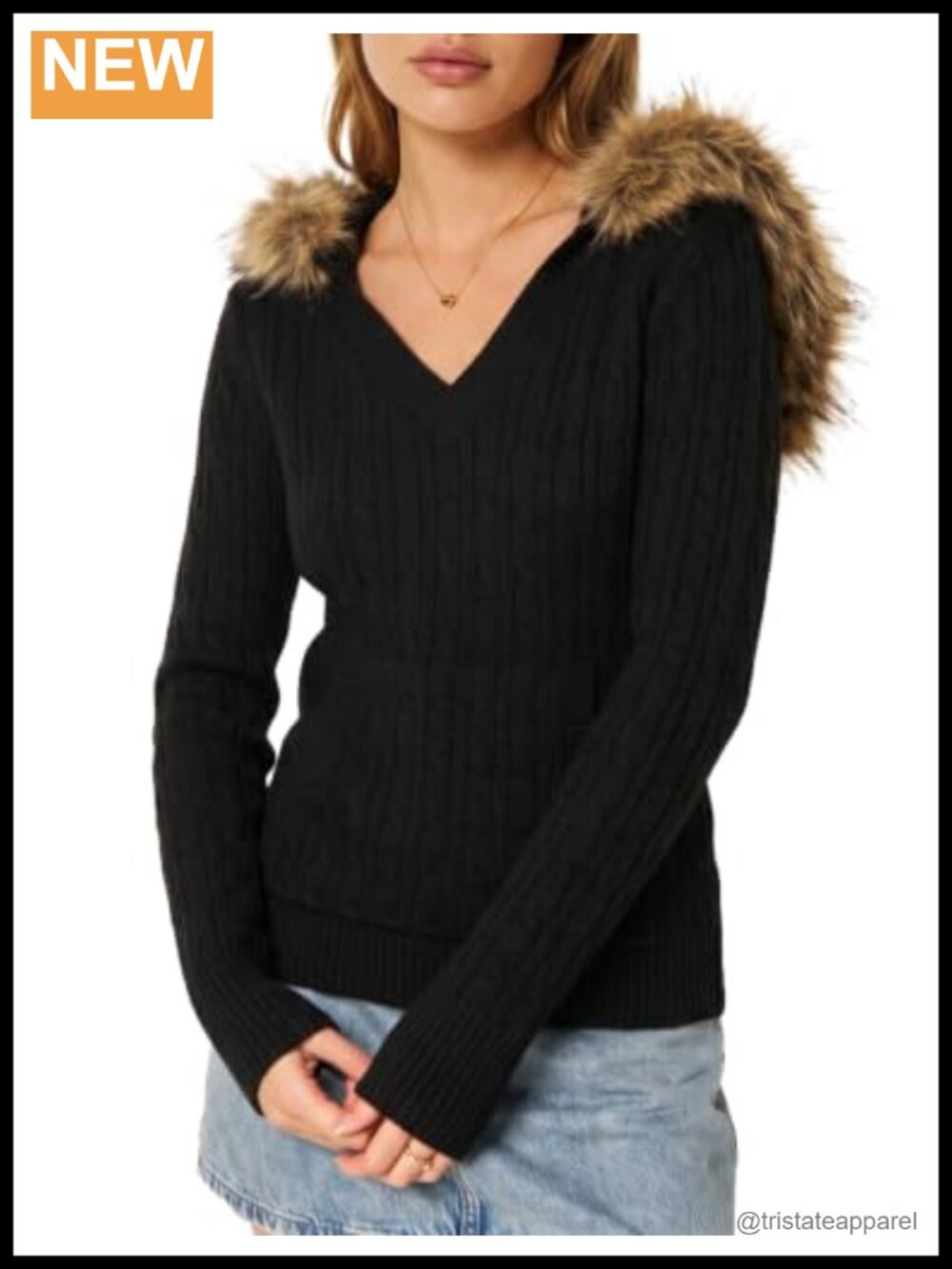 Women's Cable Knit Sweater Hooded Pullover Chunky Faux Fur Trim Cozy Winter